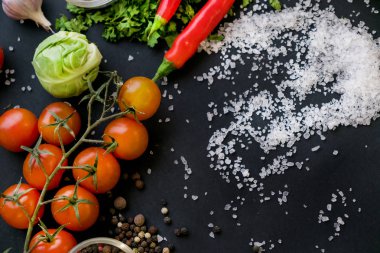 Renkli baharat ve metin için yer karanlık metal zemin üzerine yemek pişirmek için taze sebze yakın çekim. Üstten Görünüm. Biyo sağlıklı gıda katkı maddeleri.