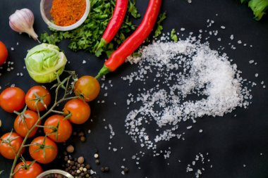 Renkli baharat ve metin için yer karanlık metal zemin üzerine yemek pişirmek için taze sebze yakın çekim. Üstten Görünüm. Biyo sağlıklı gıda katkı maddeleri.