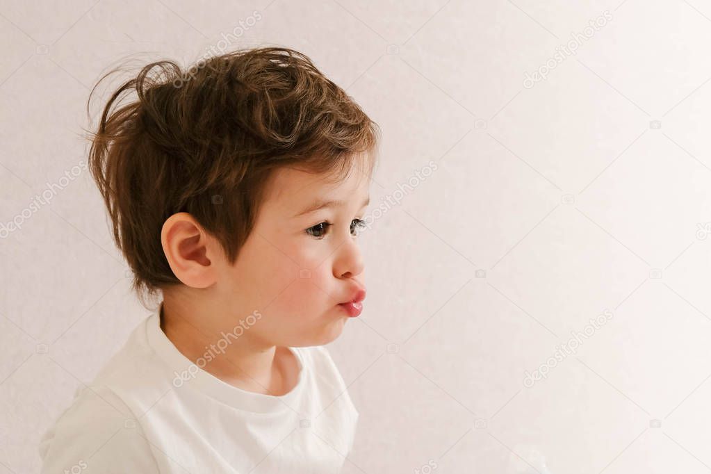 Cute little toddler of two years, funny was pouting, portrait of a child in profile.