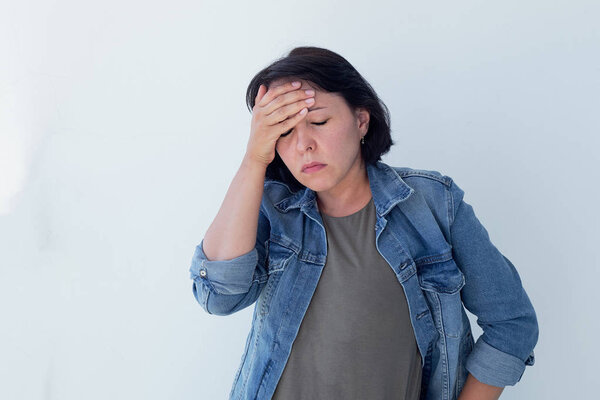 concept of stress woman head shot on white background