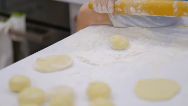 Close up of the happy smiled grandmother and grandson kneading a daugh together. slow motion of an elderly woman and little boy preparing pasta or pizza together. — Stock Video