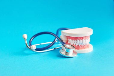 Beyaz dişler modeli ve mavi zemin üzerine stakescope. Diş Bakımı. oral kavite önleyici incelenmesi kavramı.