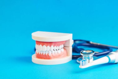 Beyaz dişler modeli ve mavi zemin üzerine stakescope. Diş Bakımı. oral kavite önleyici incelenmesi kavramı.