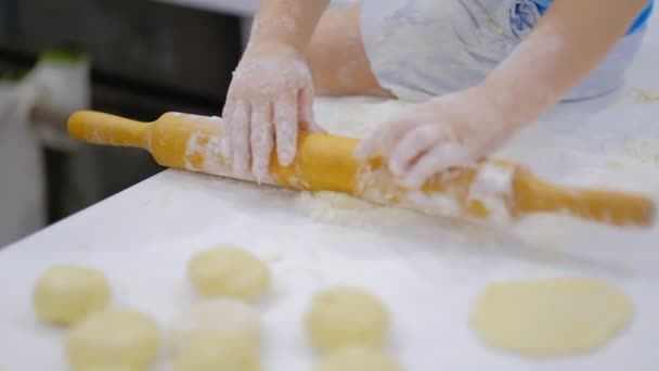 Close up of the happy smiled grandmother and grandson kneading a daugh together. slow motion of an elderly woman and little boy preparing pasta or pizza together. — Stock Video
