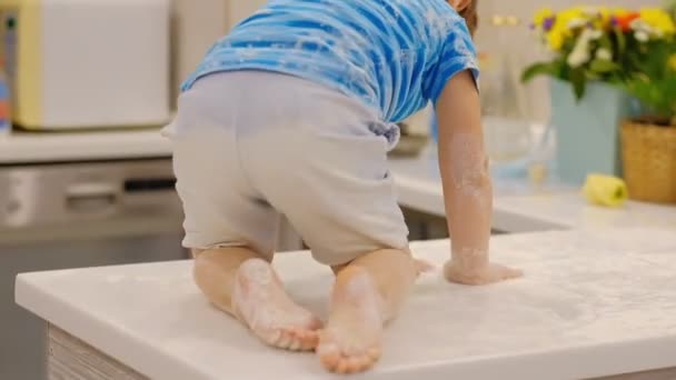 Rolig pojke som leker i köket med mjöl. besvär ande barn på Hom. stygg barn — Stockvideo
