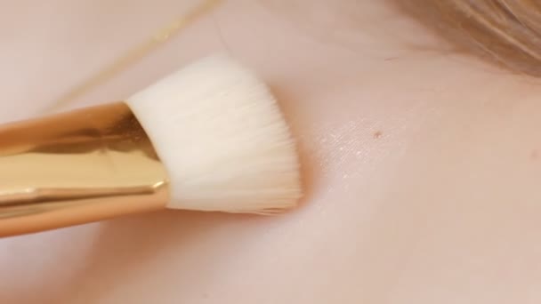 Close-up vista da mão do artista de maquiagem feminina destacando com um modelo iluminador é muito clavícula. tiro macro, textura da pele — Vídeo de Stock