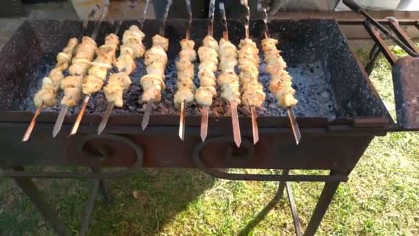 Deliciosa carne suculenta de shish kebab en pincho para freír sobre humo. — Vídeo de stock