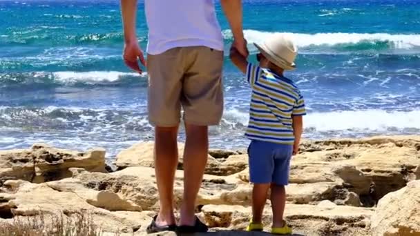 Padre e hijo con la espalda en la cima del acantilado mirando el hermoso agua azul del mar — Vídeos de Stock