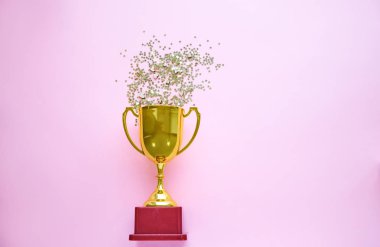 Kupa ve çerçeve renk arka plan üzerinde konfeti, metin için yer ile üstten görünüm. Zafer kavramı