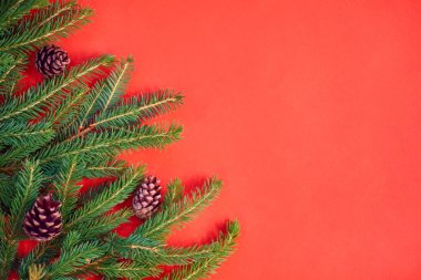 Noel arkaplanında kırmızı tuval arka planında Noel ağacı var. Mutlu noel kartları. Kış tatili teması. - Mutlu yıllar. Mesaj için yer var. Noel arkaplan manzarası. Düz yatıyordu.