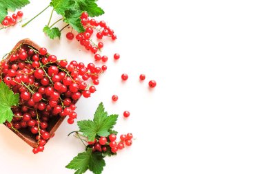 Beyaz arka planda izole edilmiş ahşap bir kasede taze kırmızı frenk üzümü. Yaz vitamin hasadı.