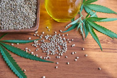 Masadaki kenevir tohumları, cam kavanozdaki yağ, beyaz arka plandaki kenevir yaprakları.