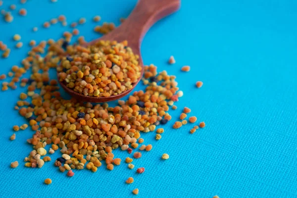 Tahta kaşıkta polen, sağlıklı besin maddeleri. Mavi masa arka planı. İşçi bal arıları tarafından paketlenmiş çiçek poleni topağı ya da topağı