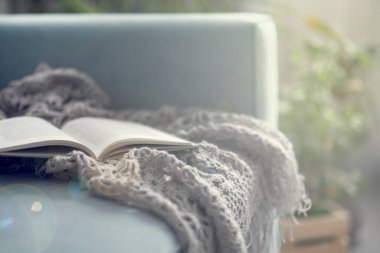 Turkuaz kanepeli rahat bir oturma odası. Kitap bir kanepede yatıyor, edebiyat çemberi kavramı.