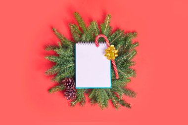 Noel ya da yeni yıl tatillerinde boş not defterleri, köknar dalları ve kırmızı Noel süslemeleri olur. Kopyalama alanı olan üst görünüm