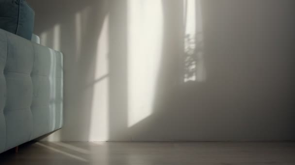 Morgensonne erhellt den Raum, Schatten überlagern sich. Weißer Tüll wedelt am Fenster. — Stockvideo