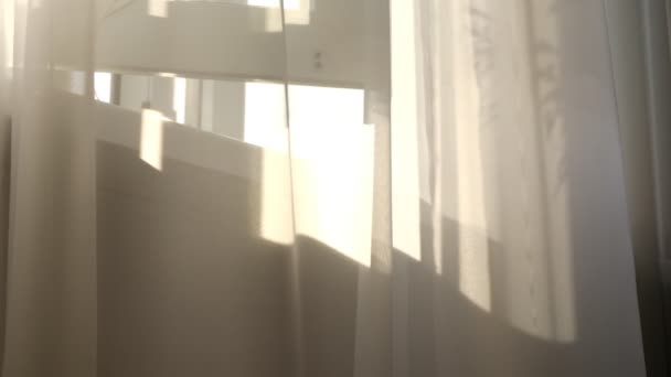 Ondeando tul blanco cerca de la ventana. rayos del sol brillan a través del tul transparente — Vídeos de Stock