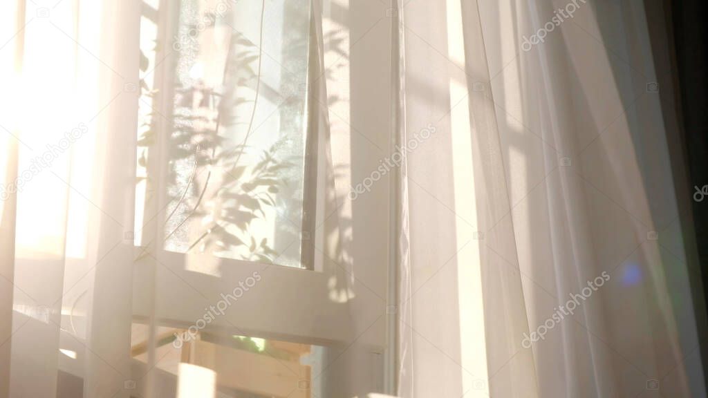 wind blows through the open window in the room. Waving white tulle near the window. Morning sun lighting the room, shadow background overlays.