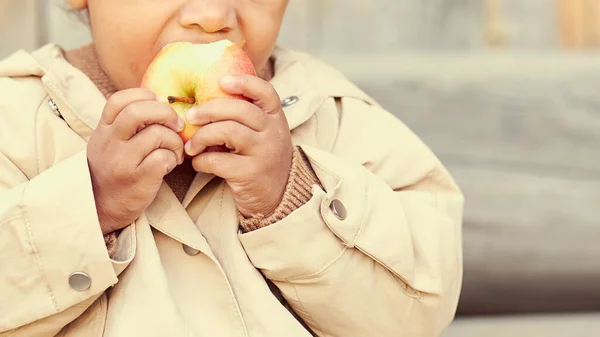 Małe dziecko je jabłko. koncepcja nadchodzącego sezonu jesiennego. Moda dla dzieci — Zdjęcie stockowe