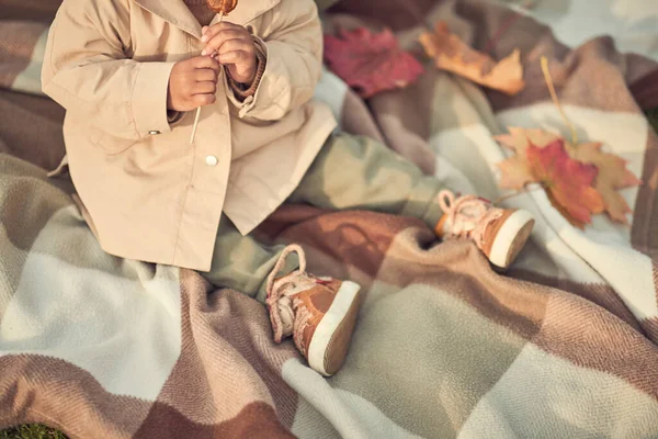 Little child sits on a blanket in an autumn park. Childrens fashion — Stock Photo, Image