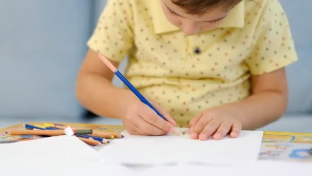 Маленький милий хлопчик малює олівцями. дитина займається творчістю вдома — стокове відео