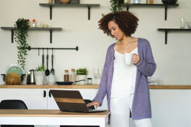 Mutfaktaki dizüstü bilgisayarında elinde bir fincan kahve tutan ve postaları kontrol eden mutlu kadın. Genç Afro-Amerikan kadın mutfağında kahve içiyor. Rahatlamış sabah konsepti
