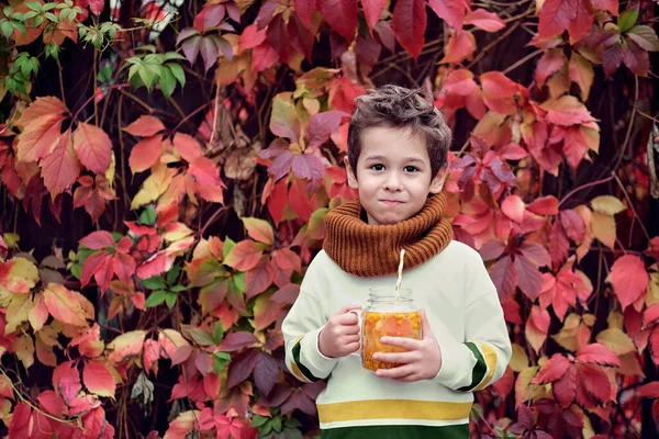 Bonito elegante menino segurando um mar buckthorn bebida em um fundo de uvas selvagens. — Fotografia de Stock