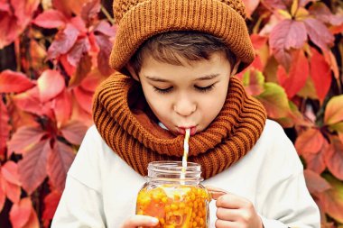 Vahşi üzümlerin arka planında elinde dikenli deniz mahsulü içkisi tutan yakışıklı bir çocuk. Üzgün çocuk portresi, Sonbahar Hüznü konsepti