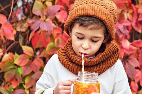 Cute fashionable boy holding a sea buckthorn drink on a background of wild grapes. portrait of sad boy, autumn blues concept — Stock Photo, Image