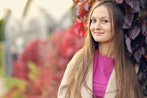 Młoda piękna kobieta w różowym swetrze z dzianiny patrzy na bok, na tle dzikich winogron. Jesienny portret. — Zdjęcie stockowe