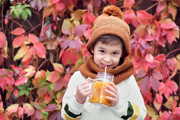 Niedliche modische Junge hält ein Sanddorn-Getränk auf einem Hintergrund aus wilden Trauben. — Stockfoto
