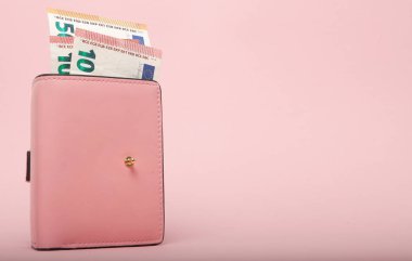 Euro para birimi üzerinde canlı bir mavi arka plan ile cüzdan. İş kavramı ve Instagram.