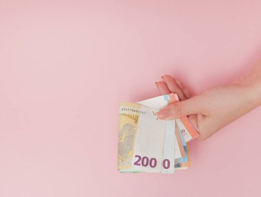 Euro banknot para erkek pembe arka plan eller. İş kavramı ve Instagram.
