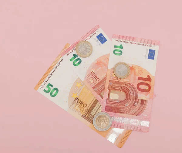 Euro Money Closeup Banknotes Coins Pink Background Business Concept — Stock Photo, Image