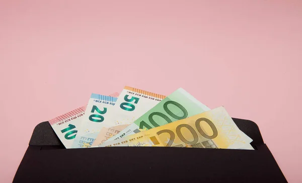 Conjunto Euro Sobre Negro Sobre Fondo Rosa Concepto Negocios Instagram — Foto de Stock