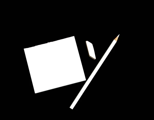Caderno Branco Com Lápis Borracha Papel Etiqueta Sobre Fundo Preto — Fotografia de Stock