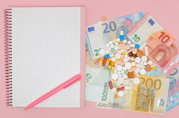 Tablets, pills, capsules, notebook with pen and banknotes euros. The concept of self-medication, social medecine, accessibility, rise in price, budget, planning. Concept of medicine, money and health
