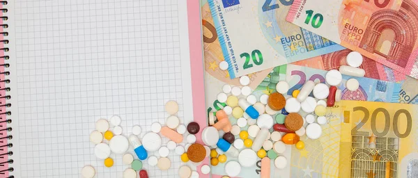 Tablets, pills, capsules, notebook and banknotes euros. The concept of self-medication, social medecine, accessibility, rise in price, budget, planning.Concept of medicine money and health