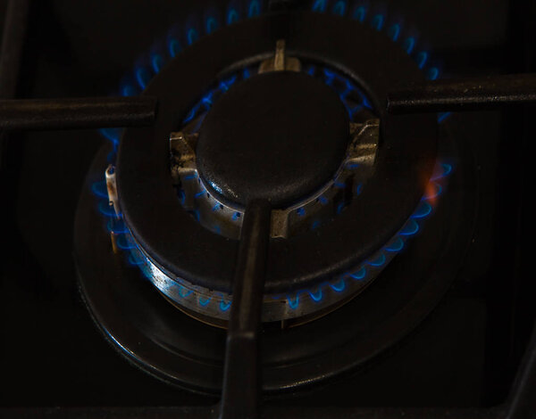 Burning blue gas on the dark stove. Burner gas stove, concept of energy. Closeup, selective focus.