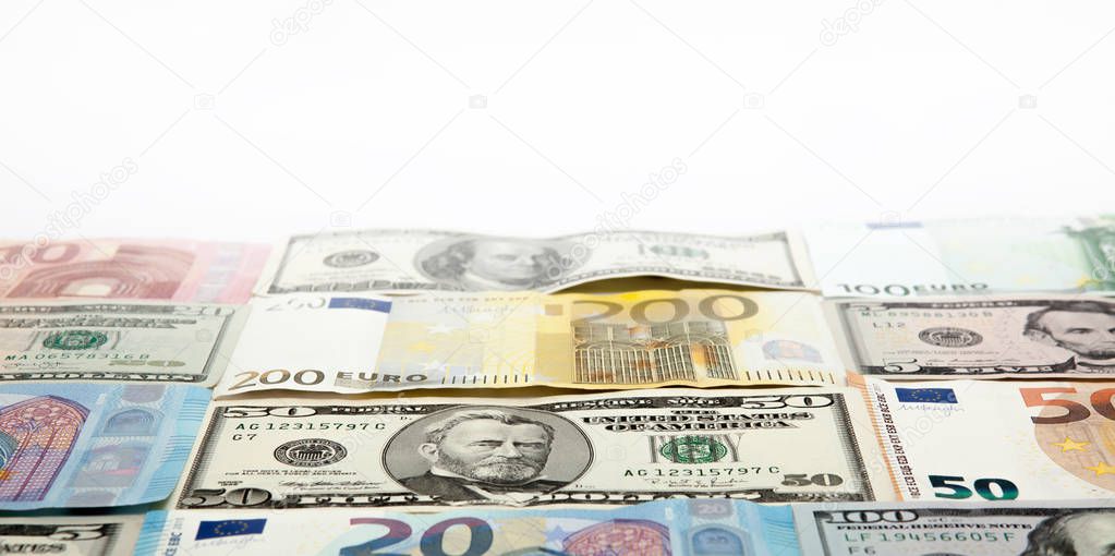 Background with Euro and dollars with copy space.