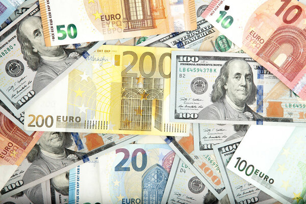 Close-Up of american US dollars and euros