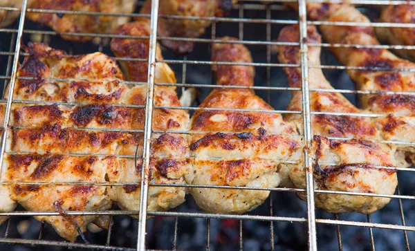 Duman ızgarada tavuk Marine bacaklar. Piknik, lezzetli yemekler. Barbekü.