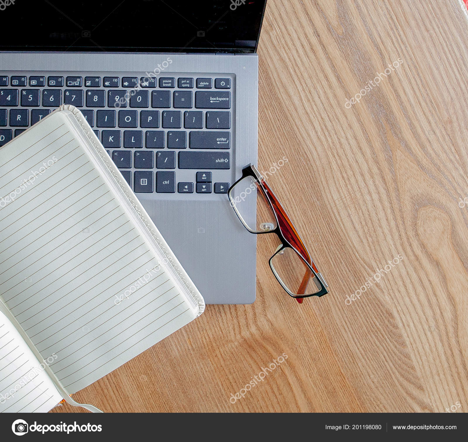 Notepad Laptop Glasses Old Wooden Desk View Copy Space