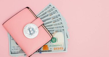Bitcoin, dolar ve pembe pembe arka plan kopya alanı ile cüzdan.