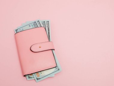 Çanta yüz dolar Lirası üstünde pembe bir arka plan ile. Düz yatıyordu, en iyi görünüm, kopya alanı.