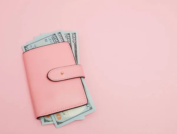 Çanta yüz dolar Lirası üstünde pembe bir arka plan ile. Düz yatıyordu, en iyi görünüm, kopya alanı.