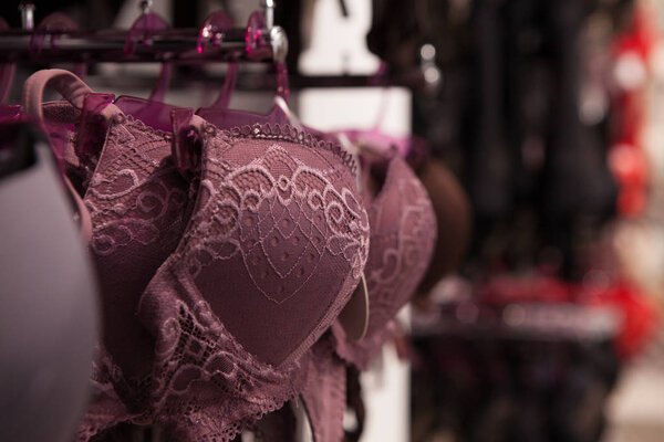 Vareity of bra hanging in lingerie underwear store. Advertise, Sale, Fashion concept.