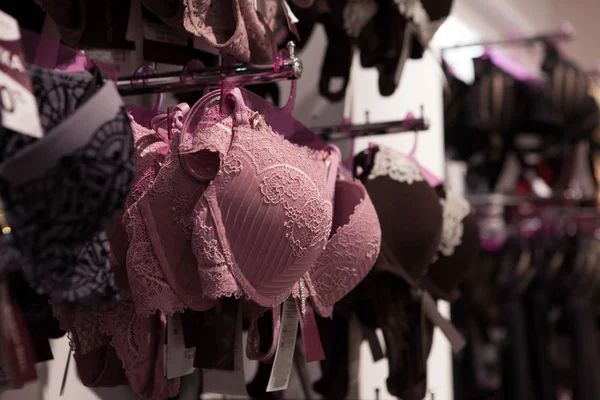 Female lingerie store showcase. Bras on hangers. High-quality women  underwear boutique. Different styles and patterns of bras. Attractive  romantic and home clothes shop. Stock Video Footage by ©artiemedvedev  #325115234