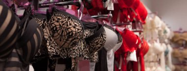 Vareity iç giyim iç çamaşırı Mağazası içinde asılı Bra. Reklam, satış, moda kavramı.