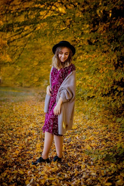 Восени в парку стоїть прекрасна елегантна жінка. — стокове фото